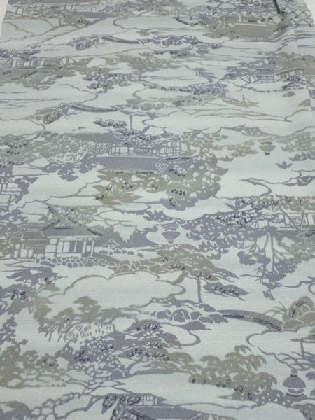 Photo1: 1Y02z50  Japanese Kimono Silk  FABRIC Scenery Light blue-gray 40.2x15.0 (1)