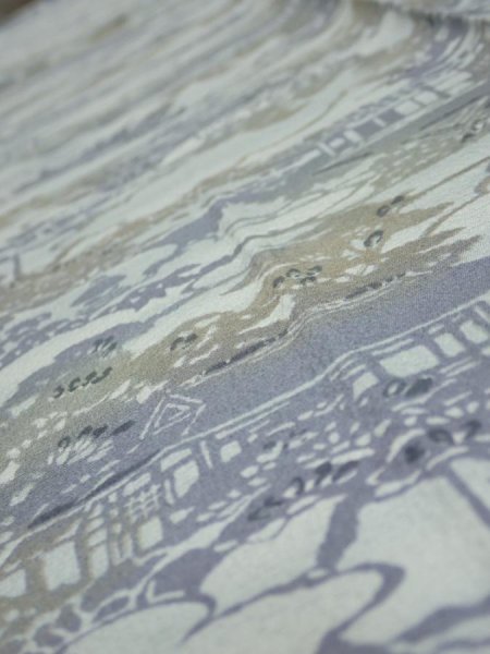 Photo4: 1Y03z90  Japanese Kimono Silk  FABRIC Scenery Light blue-gray 70.1x15.0 (4)