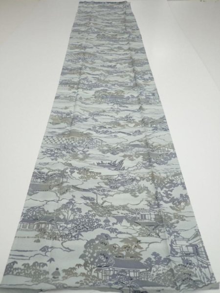 Photo5: 1Y03z90  Japanese Kimono Silk  FABRIC Scenery Light blue-gray 70.1x15.0 (5)