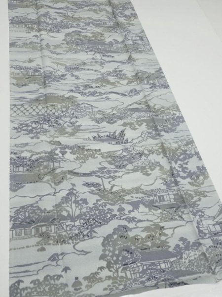 Photo2: 1Y06z90  Japanese Kimono Silk  FABRIC Scenery Light blue-gray 69.7x15.0 (2)