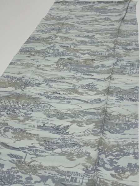 Photo3: 1Y06z90  Japanese Kimono Silk  FABRIC Scenery Light blue-gray 69.7x15.0 (3)