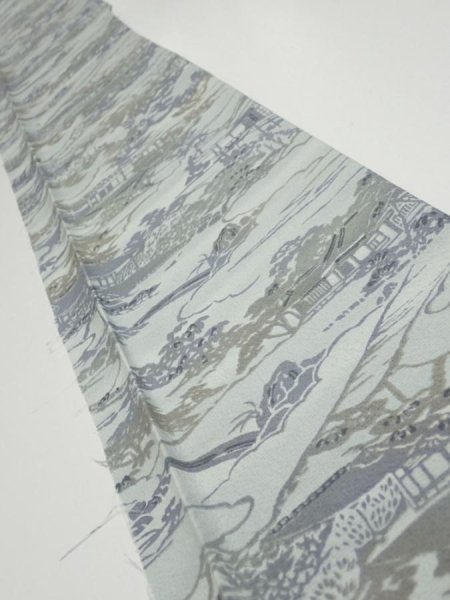 Photo1: 1Y07z40  Japanese Kimono Silk  FABRIC Scenery Light blue-gray 58.3x7.5 (1)