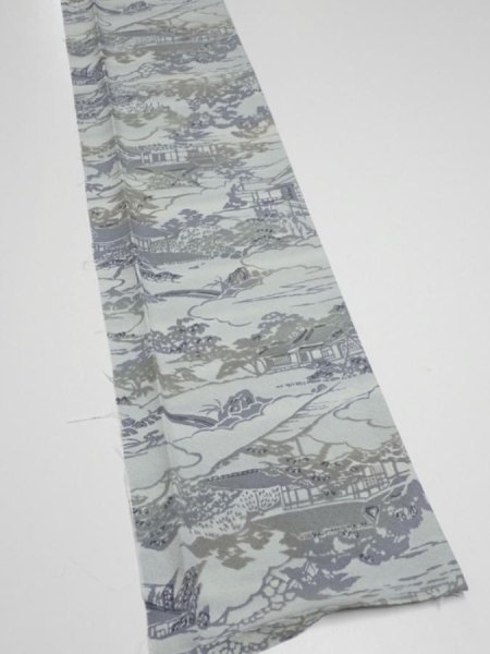 Photo2: 1Y07z40  Japanese Kimono Silk  FABRIC Scenery Light blue-gray 58.3x7.5 (2)