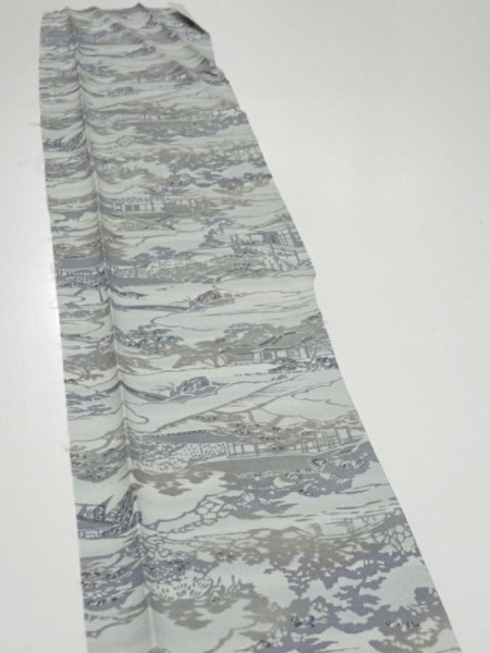 Photo3: 1Y07z40  Japanese Kimono Silk  FABRIC Scenery Light blue-gray 58.3x7.5 (3)