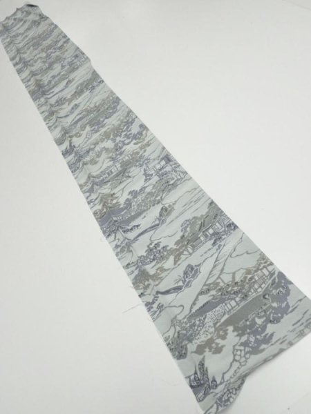 Photo5: 1Y07z40  Japanese Kimono Silk  FABRIC Scenery Light blue-gray 58.3x7.5 (5)