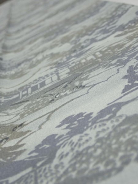 Photo4: 1Y08z40  Japanese Kimono Silk  FABRIC Scenery Light blue-gray 58.3x7.5 (4)