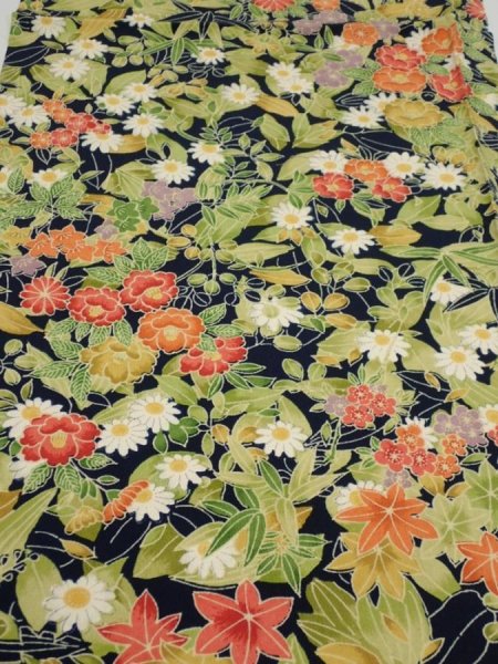 Photo1: 1K01z60  Japanese Kimono Silk  FABRIC Flowers Dark navy 41.7x14.2 (1)
