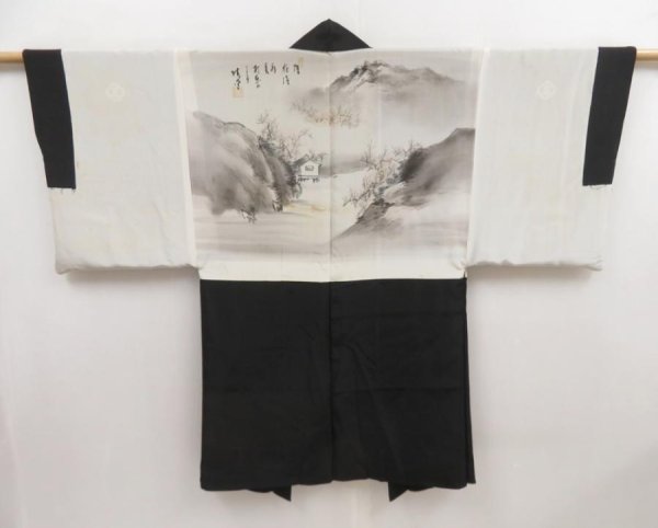 Photo1: 5131T01z580 Vintage Japanese Kimono Silk Men's HAORI Mountain Black (1)