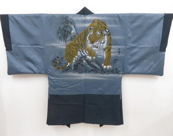 Photo1: 5131T02z920 Vintage Japanese Kimono Wool Men's HAORI Tiger Dark navy (1)