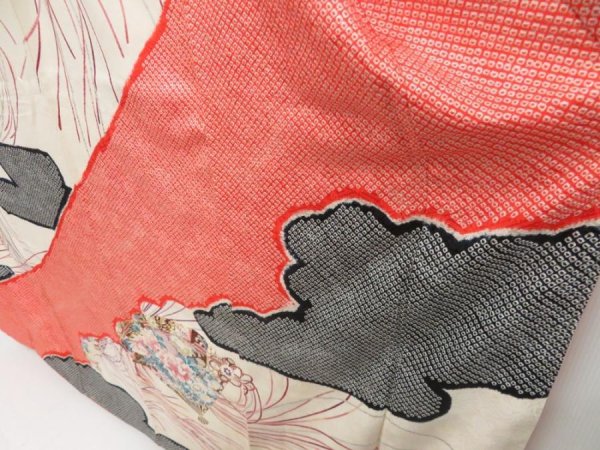 Photo4: 5131T08z1170 Vintage Japanese Kimono Silk FURISODE Folding fan Off-white (4)