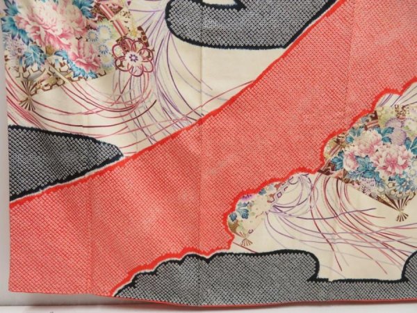 Photo6: 5131T08z1170 Vintage Japanese Kimono Silk FURISODE Folding fan Off-white (6)