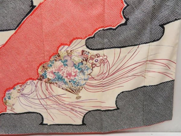 Photo7: 5131T08z1170 Vintage Japanese Kimono Silk FURISODE Folding fan Off-white (7)