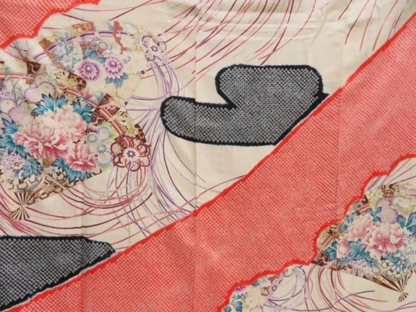 Photo8: 5131T08z1170 Vintage Japanese Kimono Silk FURISODE Folding fan Off-white (8)