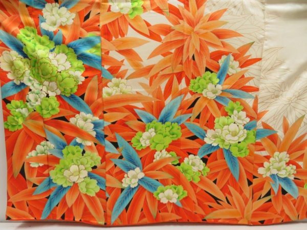 Photo5: 5131T11z1090 Vintage Japanese Kimono Silk FURISODE Flower Orangered (5)