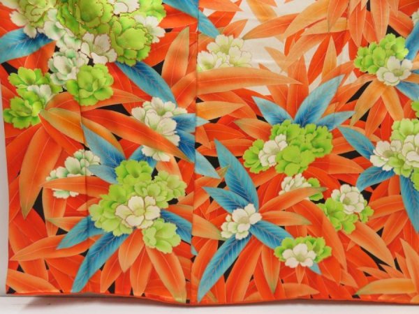 Photo6: 5131T11z1090 Vintage Japanese Kimono Silk FURISODE Flower Orangered (6)