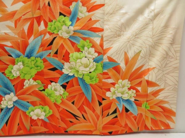 Photo7: 5131T11z1090 Vintage Japanese Kimono Silk FURISODE Flower Orangered (7)