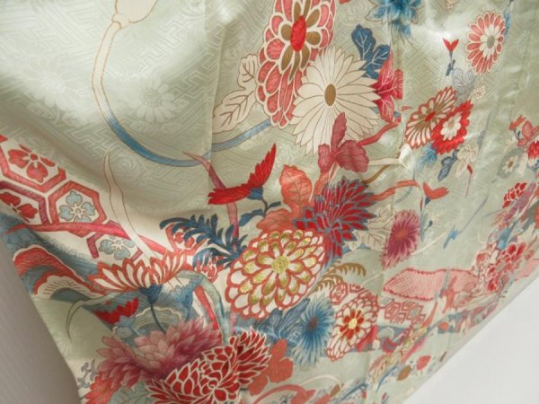Photo3: 5131T13z840 Vintage Japanese Kimono Silk FURISODE Chrysanthemum Light blue (3)