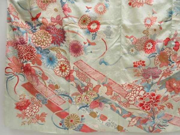 Photo5: 5131T13z840 Vintage Japanese Kimono Silk FURISODE Chrysanthemum Light blue (5)