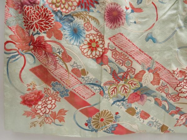 Photo6: 5131T13z840 Vintage Japanese Kimono Silk FURISODE Chrysanthemum Light blue (6)
