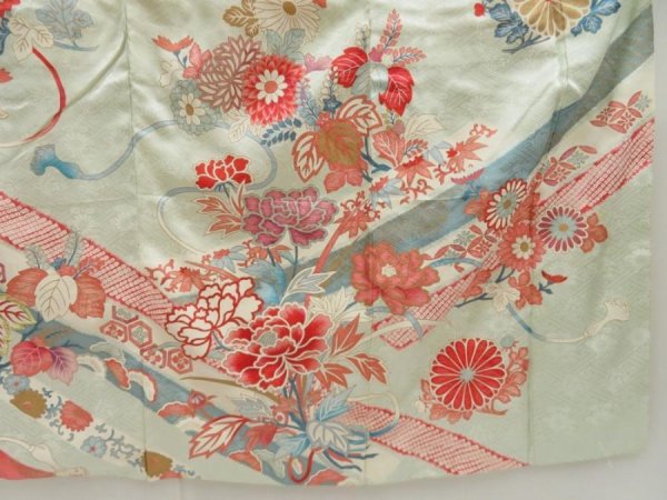 Photo7: 5131T13z840 Vintage Japanese Kimono Silk FURISODE Chrysanthemum Light blue (7)