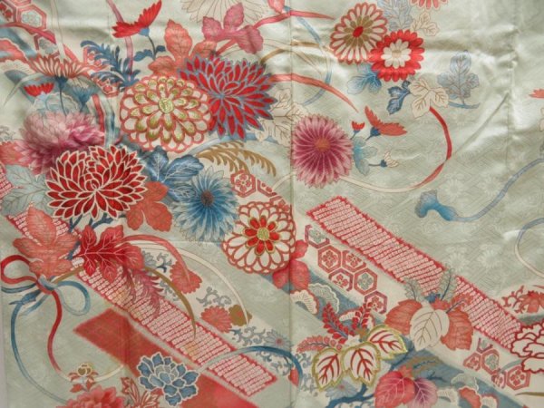 Photo8: 5131T13z840 Vintage Japanese Kimono Silk FURISODE Chrysanthemum Light blue (8)