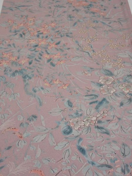 Photo1: 1K01z50  Japanese Kimono Silk  FABRIC Flowers Light ash rose 38.6x14.4 (1)
