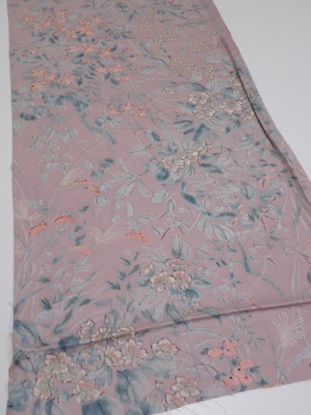 Photo2: 1K01z50  Japanese Kimono Silk  FABRIC Flowers Light ash rose 38.6x14.4 (2)