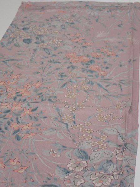 Photo3: 1K01z50  Japanese Kimono Silk  FABRIC Flowers Light ash rose 38.6x14.4 (3)