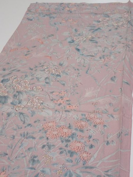 Photo3: 1K02z60  Japanese Kimono Silk  FABRIC Flowers Light ash rose 39.4x14.4 (3)