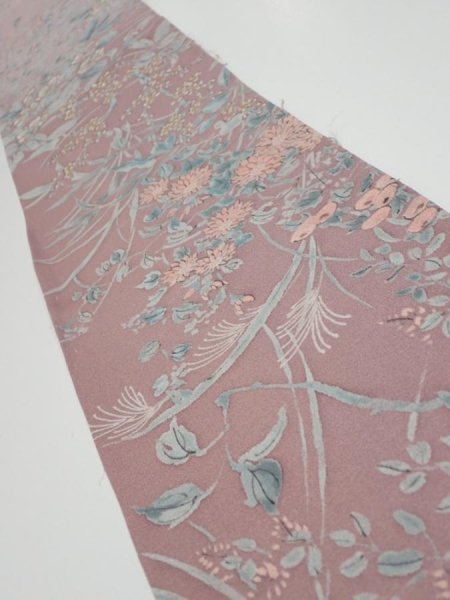 Photo1: 1K08z30  Japanese Kimono Silk  FABRIC Flowers Light ash rose 40.2x6.9 (1)