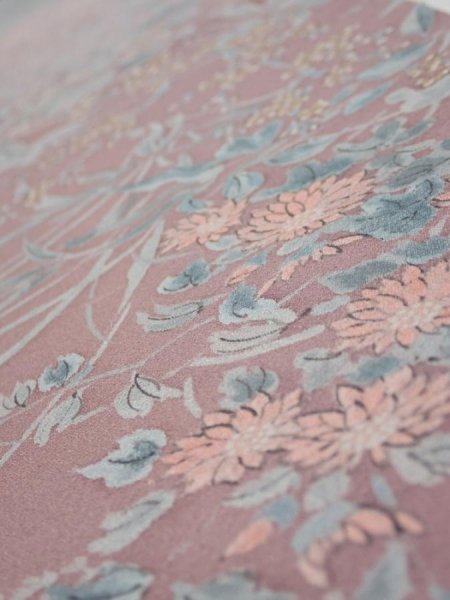 Photo4: 1K08z30  Japanese Kimono Silk  FABRIC Flowers Light ash rose 40.2x6.9 (4)