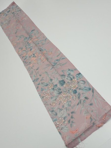 Photo1: 1K10z30  Japanese Kimono Silk  FABRIC Flowers Light ash rose 39.4x7.5 (1)