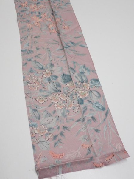 Photo3: 1K10z30  Japanese Kimono Silk  FABRIC Flowers Light ash rose 39.4x7.5 (3)