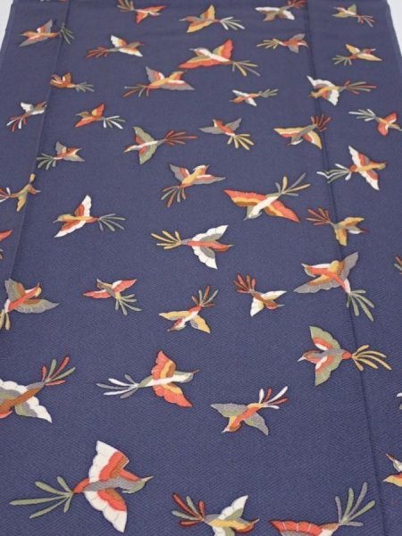 Photo1: 1K06z90  Japanese Kimono Silk  FABRIC Bird Navy-Gray 66.1x14.4 (1)