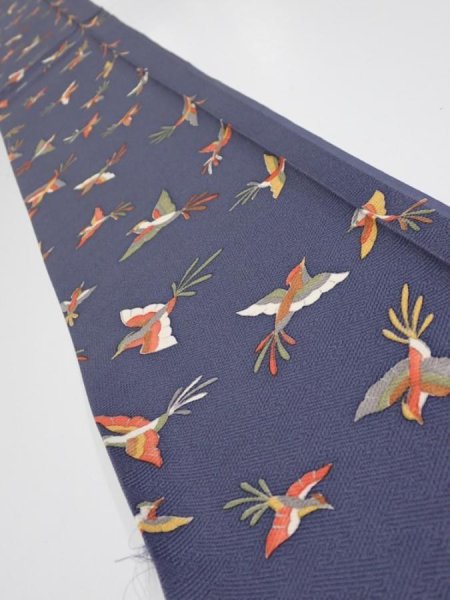 Photo1: 1K07z40  Japanese Kimono Silk  FABRIC Bird Navy-Gray 59.8x7.5 (1)