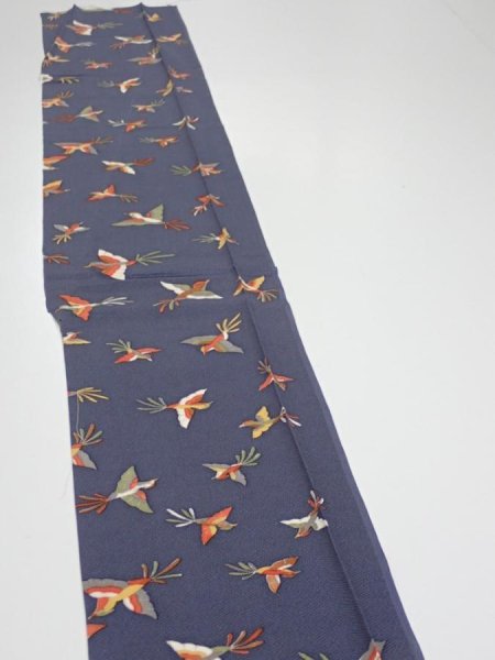 Photo3: 1K07z40  Japanese Kimono Silk  FABRIC Bird Navy-Gray 59.8x7.5 (3)