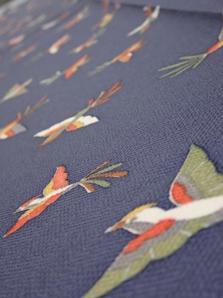 Photo4: 1K07z40  Japanese Kimono Silk  FABRIC Bird Navy-Gray 59.8x7.5 (4)