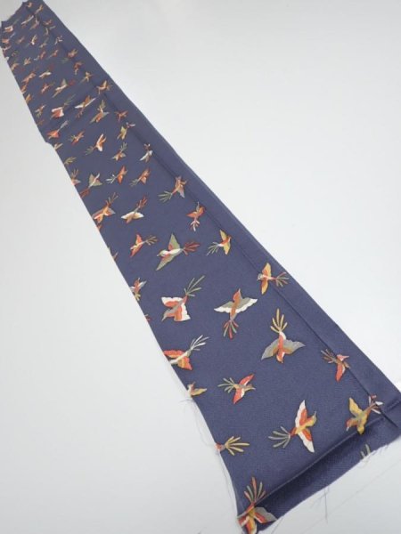 Photo5: 1K07z40  Japanese Kimono Silk  FABRIC Bird Navy-Gray 59.8x7.5 (5)