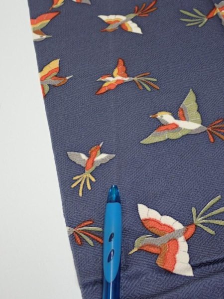 Photo6: 1K07z40  Japanese Kimono Silk  FABRIC Bird Navy-Gray 59.8x7.5 (6)