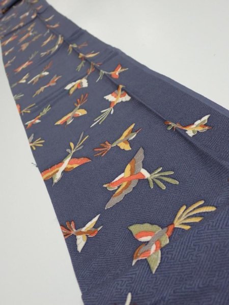 Photo1: 1K09z50  Japanese Kimono Silk  FABRIC Bird Navy-Gray 82.7x6.7 (1)
