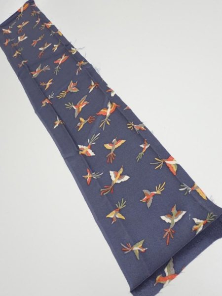 Photo1: 1K10z30  Japanese Kimono Silk  FABRIC Bird Navy-Gray 36.6x6.9 (1)