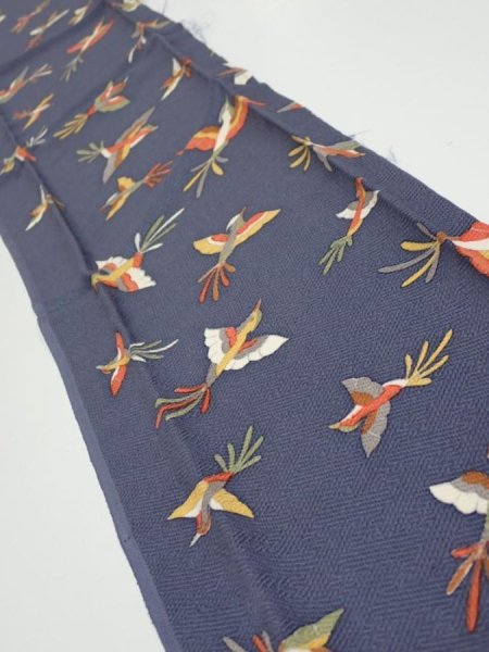 Photo2: 1K10z30  Japanese Kimono Silk  FABRIC Bird Navy-Gray 36.6x6.9 (2)