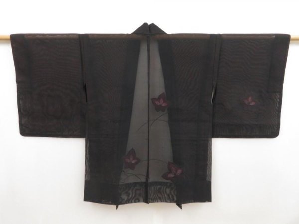 Photo1: 5216T04z230 Vintage Japanese Kimono Silk See through HAORI Flower Black (1)