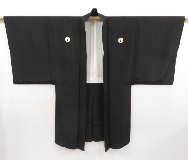 Photo1: 5216T09z660 Vintage Japanese Kimono Silk Men's HAORI Plain Black (1)