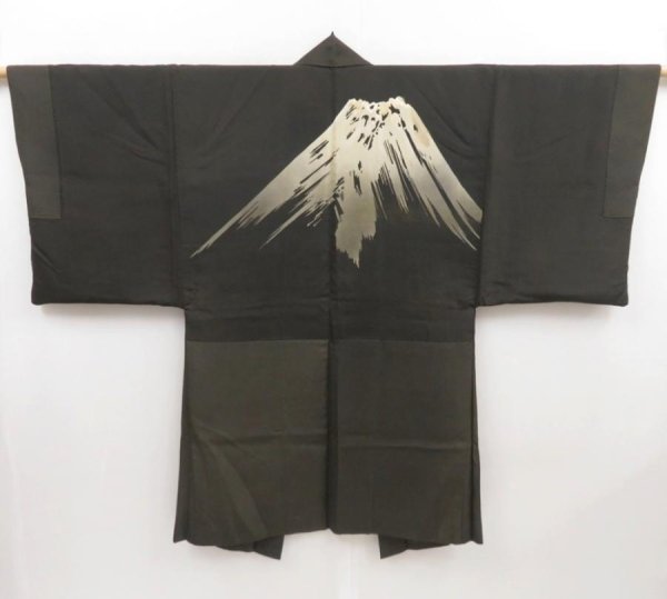 Photo1: 5216T11z640 Vintage Japanese Kimono Silk Men's HAORI Mt.Fuji Green-Gray (1)