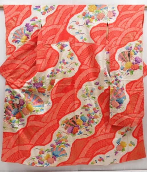 Photo1: 5216T14z1240 Vintage Japanese Kimono Silk FURISODE Peony Orangered (1)