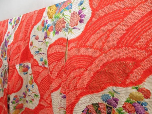 Photo2: 5216T14z1240 Vintage Japanese Kimono Silk FURISODE Peony Orangered (2)
