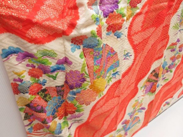 Photo3: 5216T14z1240 Vintage Japanese Kimono Silk FURISODE Peony Orangered (3)