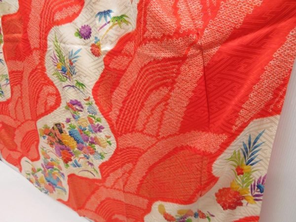 Photo4: 5216T14z1240 Vintage Japanese Kimono Silk FURISODE Peony Orangered (4)