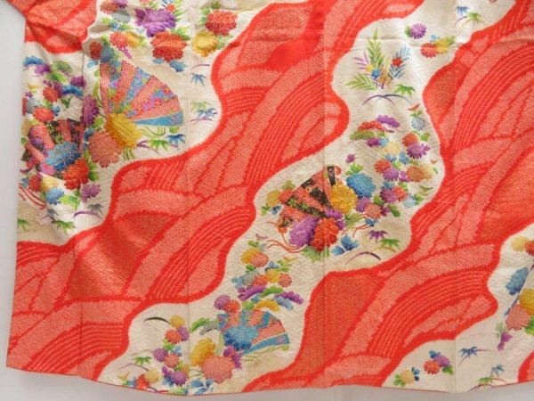 Photo5: 5216T14z1240 Vintage Japanese Kimono Silk FURISODE Peony Orangered (5)
